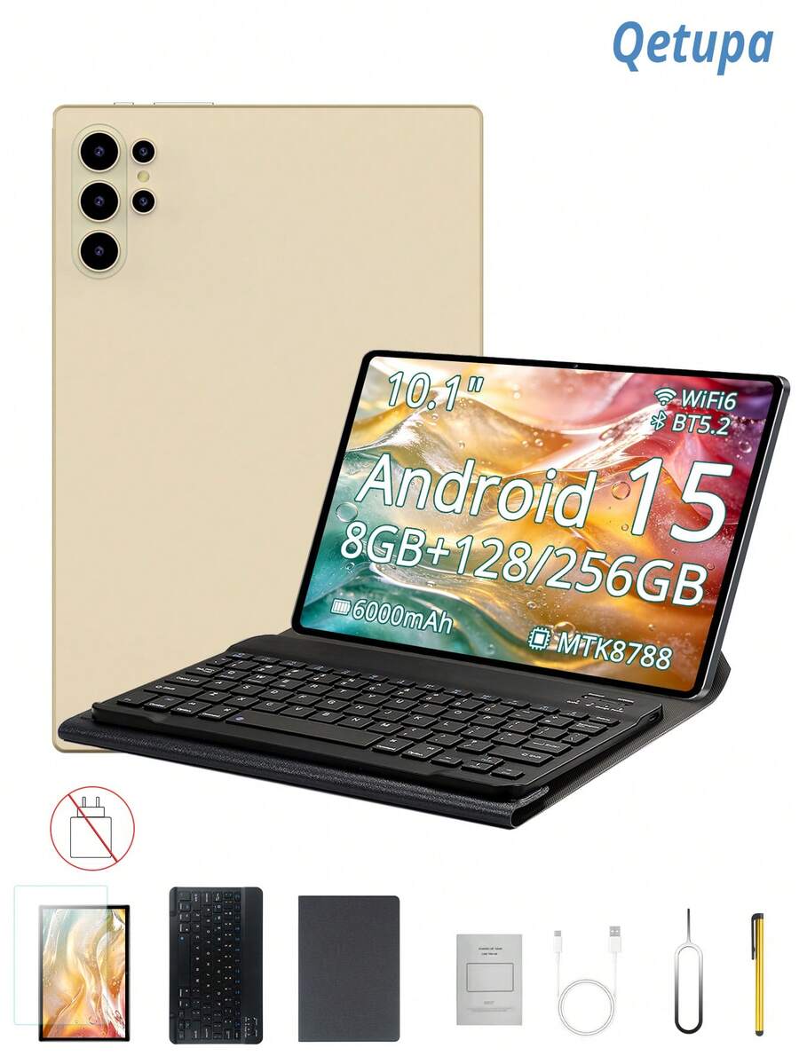 Qetupa 10.1-Inch Android 15 Tablet With Case, Keyboard, And Mouse, 8GB RAM + 128/256GB Storage (Expandable To 1TB), HD (1280x800) IPS Touchscreen, 5MP Front Camera And 13MP Rear Camera, 6000mAh Battery (Charging Adapter Not Included) - Gold - View 1