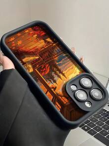 1 buah Casing Ponsel Motif Daun Maple Matahari Terbenam Musim Gugur Tangga Tianyan, Bingkai Kulit Hitam, Pelindung TPU Lembut Tahan Guncangan, Kompatibel dengan Ponsel GALAXY, HONOR - Hitam - View 3