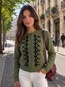 Women's Vintage Frog Button Zipper Knit Cardigan, European Style Round Neck Long Sleeve Short Jacket, Autumn/Winter Casual Versatile Knit Sweater Fall - Army Green - View 2