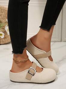 Women's Round Toe Woven Mary Jane Closed Toe Half-Slippers With Metal Buckle, Soft Sole Slouchy Slip-On Flat Mule Sandals For Outdoor Wear - Beige - View 8