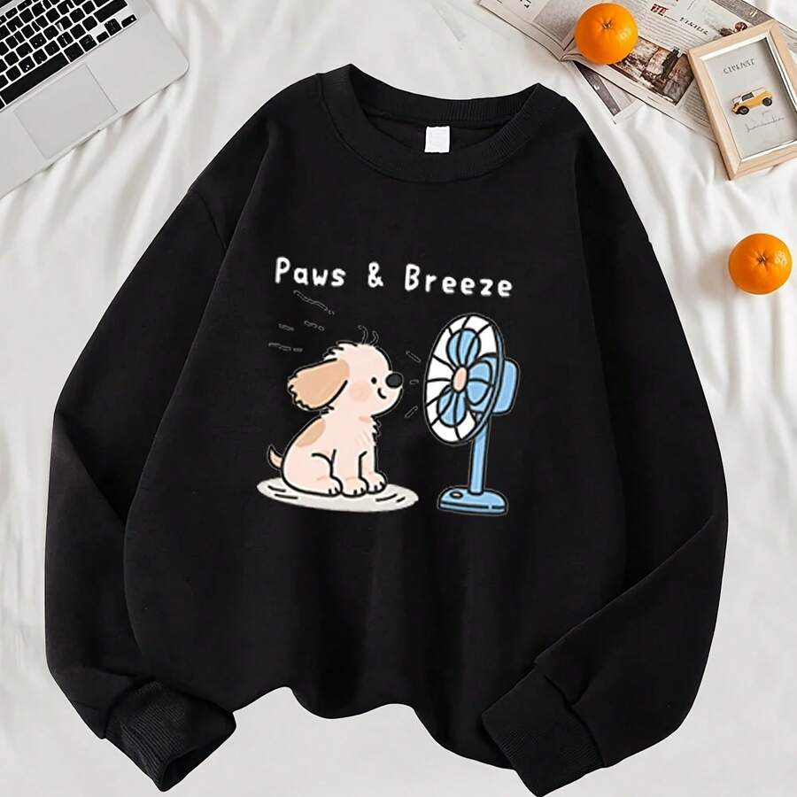 Paws Breeze Happy Dog Blowing A Fan Printed Women's Sweatshirt, Casual Pullover, Hip Hop Y2K Sportswear, Autumn Sportswear - Shape - View 1