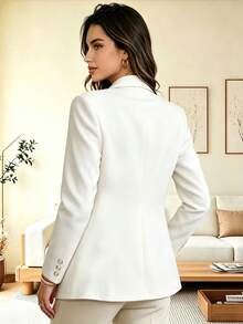 Women's Elegant Fashion Commuter White & Black Contrast Collar Long Sleeve Open Front Knit Blazer, Decorated With Button Details, Regular Fit - White and Black - View 4