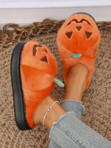 Halloween Pumpkin Party Slippers Women's Winter Home Fashion Indoor Slip-On Fuzzy Warm Shoes - Orange - View 6