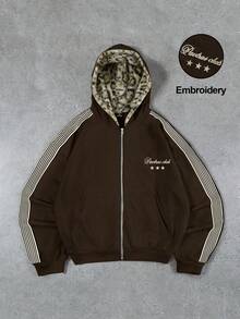 Men's Leopard Print Lining Hooded Zip-Up Jacket With Side Stripes, Loose Oversized Vintage Y2K Streetwear Style Warm Coffee Color Hooded Coat With Pockets - Coffee Brown - View 4
