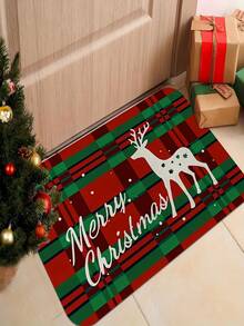 Christmas Welcome Mat, Festive Red & Green Plaid Design | Machine Washable Crystal Velvet Rug, Perfect For Entryway, Living Room, Bedroom, Kitchen, Hallway, Office | Christmas Decor Door Mat, Deer Christmas Decor Rug - A - View 2