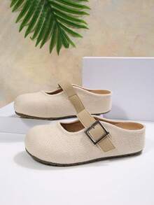 Women's Round Toe Woven Mary Jane Closed Toe Half-Slippers With Metal Buckle, Soft Sole Slouchy Slip-On Flat Mule Sandals For Outdoor Wear - Beige - View 2