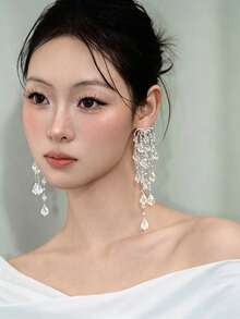 1 Pair Transparent Water Drop Rhinestone Multi-Layer Tassel Earrings, Long Waterfall Drop Earrings For Bridal Wedding Dress, Elegant Women's Earrings - Silver - View 3
