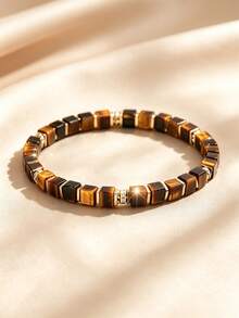 1pc "Wealth-Attracting" Tiger Eye Energy Stone Bracelet, Meaningful Good Luck Amulet Men's Jewelry Gift - Multicolor - View 2