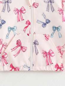 Baby Girl Autumn Thin Bowknot All-Over Print Long Sleeve Hooded Zip-Up Sweatshirt With Pockets Casual Fashion Open Front Sweatshirt Top - Baby Pink - View 6