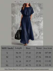 Elegant Solid Navy Blue Chiffon Long Dress, Round Neck, Flutter Short Sleeves, Elastic Ruffle Waist, Flowy Women's Dress - Navy Blue - View 8