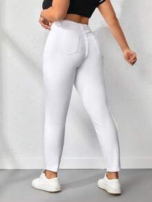 Plus Size White Slim Fit Jeans With Pockets, High Stretch Fabric, Suitable For Casual Autumn Wear - White - View 5