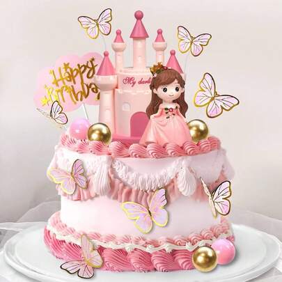 18件公主蛋糕裝飾插牌，蝴蝶與城堡「生日快樂」粉色主題，適合女孩生日