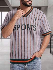Spring/Summer Men's Unisex V-Neck Knit Striped Casual Commute Street Short Sleeve Pullover T-Shirt - Orange - View 3