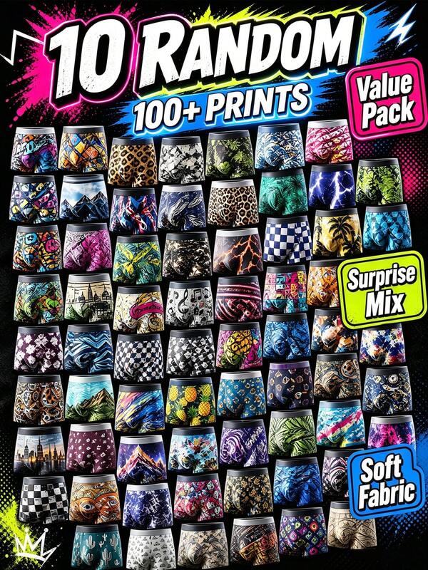 10-Pack Men's Boxer Briefs, Random Assorted Styles, Fashion Print, Comfortable And Soft, Daily Men's Boxer Briefs