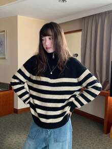 YCYC Solid Color Striped Design Contrast Color Half-Zip Long Sleeve Casual Versatile Sweater For Women - Black and White - View 2