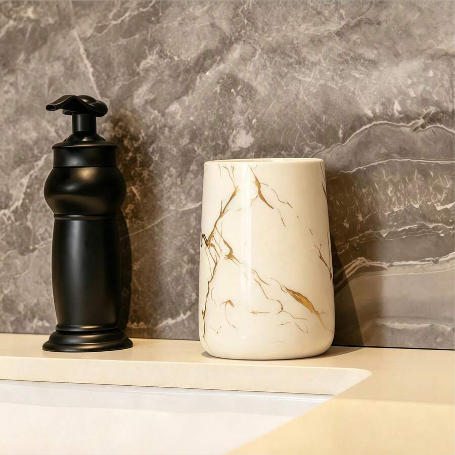 1pc White Toothbrush Cup - Toothbrush Not Included, Nordic Style Marble Pattern Ceramic Mouthwash Cup.