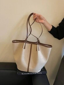 Bolso tote de gran capacidad con diseño de bloques de color y patchwork - Marrón - Ver 6