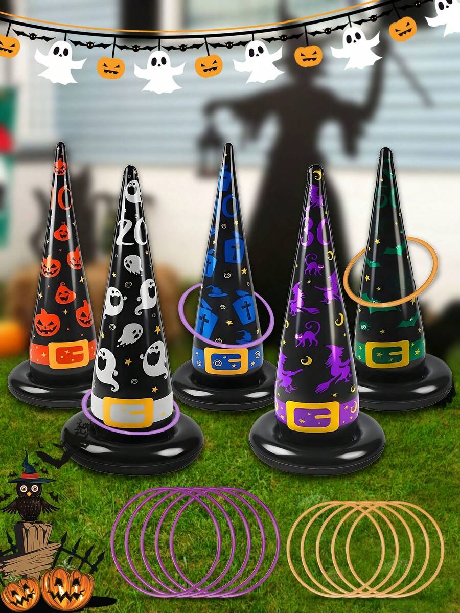Reusable Inflatable Witch Hat Ring Toss Game Set Spooky Halloween Pattern Leakproof PVC Game Prop Ideal For Backyard Lawn Family Group Games Halloween Party Carnival Interactive Activity Supplies - Multicolor - View 1