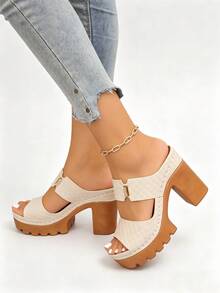 Women's High Heel Sandals Solid Color Hook & Loop Plus Size Wide Fit Lightweight Comfortable Chunky Heel Casual Commute Slip-On Sandals Slides Minimalist Summer Beach Style Slip-On Slides - Apricot - View 3