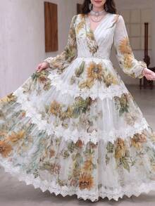 Gaun Wanita Elegan Modern Romantis Motif Bunga Lengan Panjang dengan Ruffle dan Patchwork, Model Ramping dan Mengembang, Warna Putih, untuk Liburan Musim Gugur - Putih - View 3