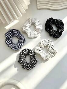 5pcs Vintage Brown Hair Scrunchies Set, Polka Dot & Plaid Print Hairbands, Essential For Daily Styling - Black - View 5