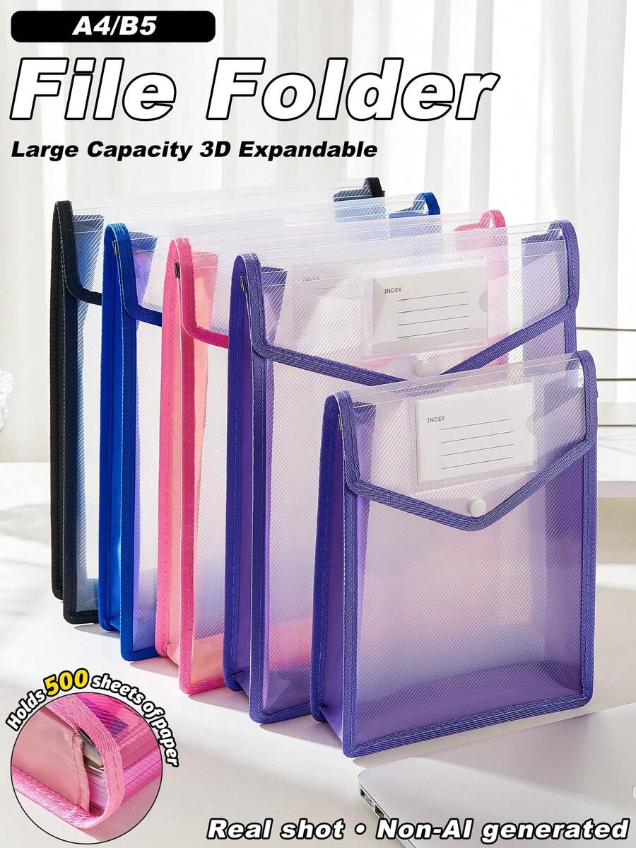 A4/B5 Transparent Snap-Button Expandable File Bag,Durable Multi-Color PP Folding Pockets,Lightweight Waterproof Storage For Students & Office,Cute Campus Stationery Organizer,Daily Commute,Study Group,Travel Essential - Vertical - View 1