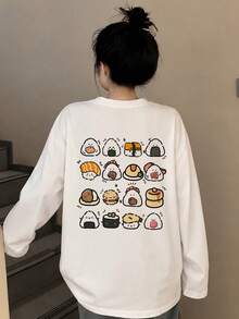 Sweet Casual Round Neck Women's T-Shirt, Cute Sushi Rice Ball Print, Autumn Lazy Versatile Long Sleeve Base Layer White - White - View 1