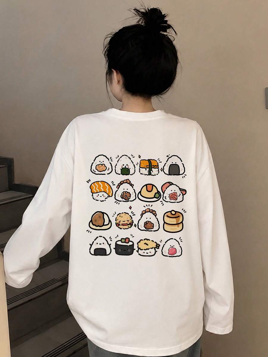 Sweet Casual Round Neck Women's T-Shirt, Cute Sushi Rice Ball Print, Autumn Lazy Versatile Long Sleeve Base Layer White - White - View 1