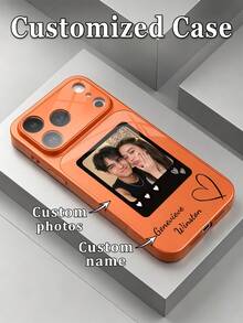 1pc DIY Customized Couple Photo & English Name Dual Custom Luxury Fashion Large Window Tempered Glass With Lens Protection Anti-Drop Phone Case Compatible With Apple Duo/18ProMax/17ProMax/16Pro/15/14Plus/13Pro/12ProMax/11 Phone Accessories Full Coverage Premium Protective Cover - Orange - View 1
