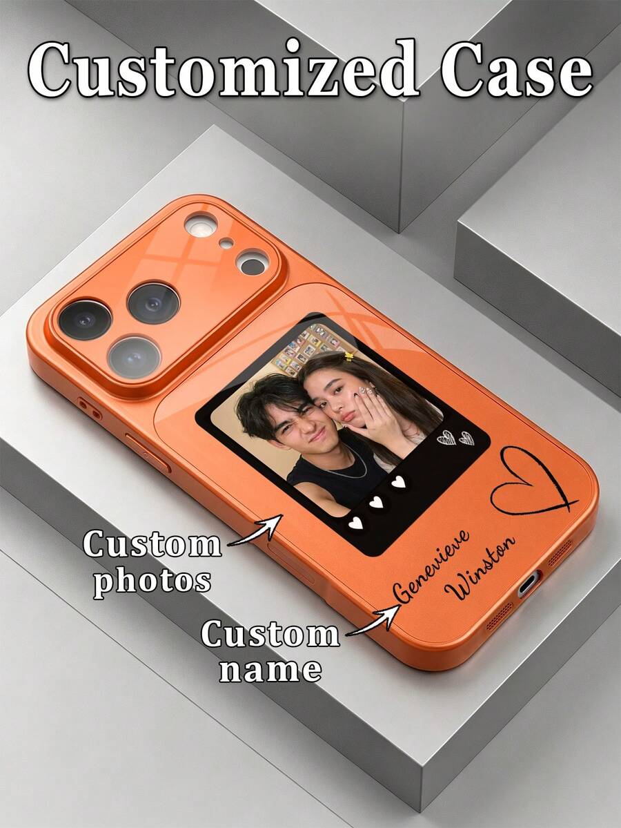1pc DIY Customized Couple Photo & English Name Dual Custom Luxury Fashion Large Window Tempered Glass With Lens Protection Anti-Drop Phone Case Compatible With Apple Duo/18ProMax/17ProMax/16Pro/15/14Plus/13Pro/12ProMax/11 Phone Accessories Full Coverage Premium Protective Cover - Orange - View 1