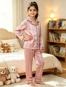 Big Girls Pink Vertical Striped Satin Front Button Long Sleeve Pajama Set, 2-Piece Lapel Top And Pants, Soft Autumn/Winter Loungewear - Pink - View 3