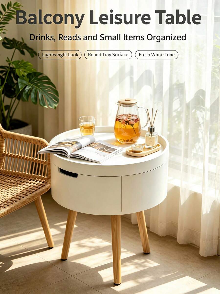 Lightweight Compact White Round Storage Nightstand, Flip Top Hidden Storage Bedside End Table With Stable Natural Wood Tripod Legs, Space Saving Small Accent Table For Guest Room Dorm Narrow Bedroom Daily Storage Use