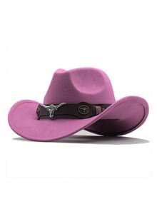 1pc Pure Black Faux Wool Western Cowboy Hat With Dark Brown Leather Hat Band, Decorated With Silver Bull Head Badge And Vintage Metal Round Buckle, Black And Brown Contrast Cool Style, Shapeable Wide Brim, Outdoor Travel Photography Western Style Versatile Sun Protection Hat, Unisex - Top Hat - View 15