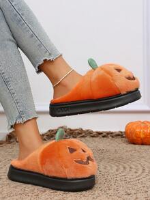 Halloween Pumpkin Party Slippers Women's Winter Home Fashion Indoor Slip-On Fuzzy Warm Shoes - Orange - View 4