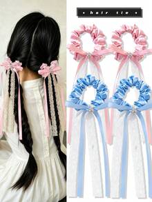 4/2pcs Rhinestone Lace Satin Ribbon Scrunchies, High Elasticity Non-Damaging Hair Accessories, Sweet And Cute Hair Ties - Suitable For Girls And Women, Daily, Vacation, School, Dating - Multicolor - View 2