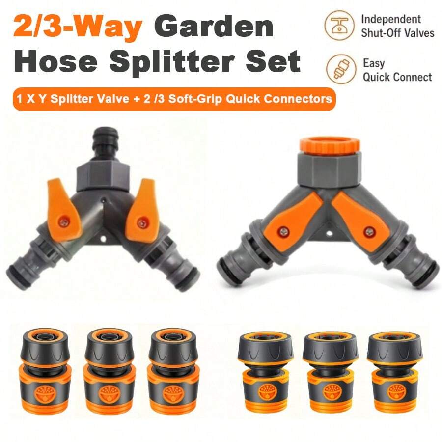 3/4pcs 2/3-Way Y-Shaped Splitter, 12/16mm Garden Hose Connector Irrigation Connector Set (Y-Shaped Flow Regulator + 3/4" Plastic Connector + 1/2" Hose Quick Connector) Water-Saving Lawn Irrigation Home Irrigation Accessories Faucet Add-On