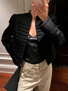 Women's Elegant Vintage Long Sleeve Stand Collar Open Front Jacket With Shoulder Pads, Solid Color, For Daily Wear And Dates - Black - View 5