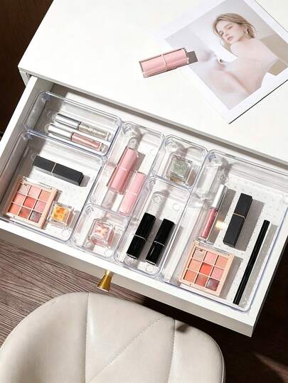 7pcs Multi-Size Transparent Drawer Dividers Storage Box Set, Customizable Drawer Organizer, Kitchen Cabinet Utensil Storage, Bathroom Vanity Makeup Organizer, Bedroom Drawer Miscellaneous Storage, Study Stationery Organizer, Dorm/Rental Drawer Organizer, Home Multi-Scenario Sorting Storage, Home Drawer Storage Accessories