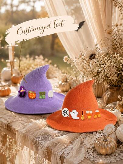 Custom Halloween Witch Hat Crochet Pointed Hat Removable Letter Patch Unisex DIY Custom Costume Party Accessory Sorceress Cap  Halloween Cosplay Gift