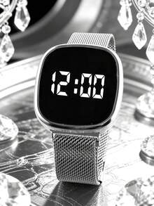 Casual Fashion Square LED Electronic Watch And Necklace Ring Earring Set, Holiday Gift, Daily Versatile, Back To School Season - Silver - View 4