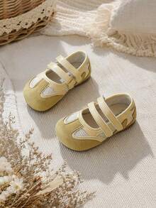 1 Pair 2026 New Dual Hook & Loop Mesh Kids Flat Shoes, Suede Patchwork Breathable Mesh Design, Minimalist Korean Style, Suitable For Daily Wear And Outfits - Yellow - View 4