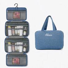 Tas Perlengkapan Mandi Lipat Bergaris yang Dipersonalisasi dengan Gantungan, Tas Kosmetik Portabel Multi-Kompartemen Kapasitas Besar, Hadiah Ideal - MultiWarna - View 23