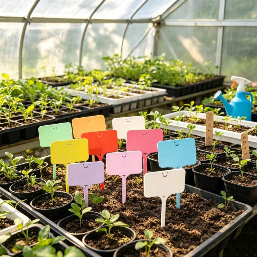 50 Peças Etiquetas de Plantas de Jardim em Formato de T, Reutilizáveis, Compatíveis com Marcador Permanente, Etiquetas de Nome de Sementes de Plástico à Prova d'Água, Adequadas para Jardinagem Interna/Externa, Plantas em Vasos e Cuidados com o Gramado - Estilo sorridente (várias cores) - Visão 1