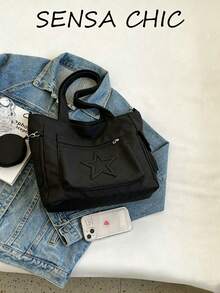 Black Nylon Tote Handbag With Front Zipper Pocket And Star Embossed Detail, Wide Strap And Side Storage Pockets, Suitable For Daily Use - Black - View 6