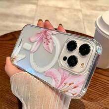 1PC Lily Flower Phone Case Pink Morning Glory 17/16/15/14/13 Pro Max 12/11 Magnetic Transparent Shockproof Protective Cover - Multicolor - View 3