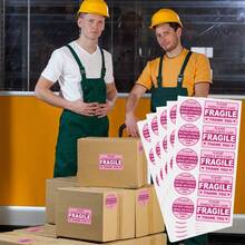 100pcs/10sheets Pink Fragile Stickers, Labeled "Caution" And "Thank You", With Permanent Adhesive, Suitable For Moving, Shipping, Packaging And Other Scenarios. Size 3"X2", School Supplies Category. - Cartoon - View 1