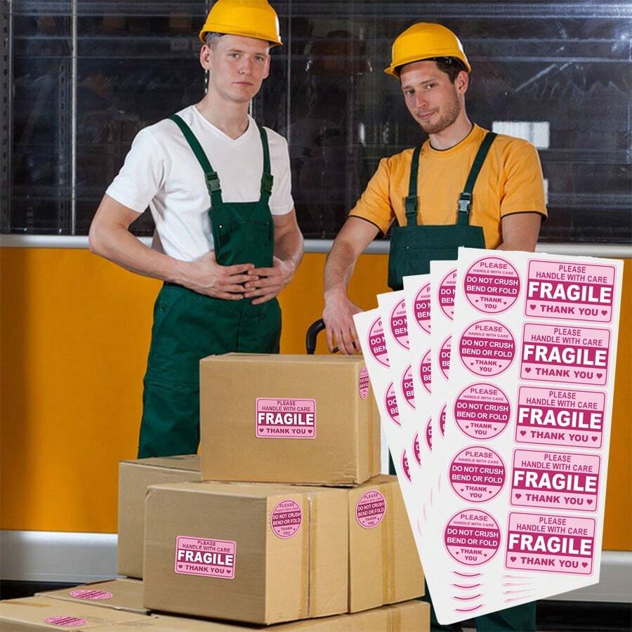 100pcs/10sheets Pink Fragile Stickers, Labeled "Caution" And "Thank You", With Permanent Adhesive, Suitable For Moving, Shipping, Packaging And Other Scenarios. Size 3"X2", School Supplies Category. - Cartoon - View 1