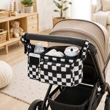 1pc Black And White Checkerboard Baby Stroller Storage Bag, Multi-Functional Diaper Organizer With Insulated Cup Holder, Portable Design, Detachable Phone Pouch And Shoulder Strap - Multicolor - View 2