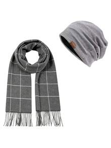 2PCS Multi-Color Optional Men's Autumn/Winter Warm Classic Plaid Scarf & Knit Beanie Set, Business Casual Thick Tassel Scarf & Warm Cold Hat Combination - Multicolor - View 7