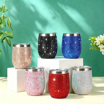 12oz Sparkling Rhinestone Straw Cup With Lid, 304 Stainless Steel Double-Wall Vacuum Insulated Wine Egg Cup, Travel And Vacation Essential
